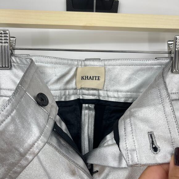 KHAITE | Dresden Silver Metallic Low Rise Skinny Stretch Twill Ankle Zip Pants 4 - Picture 6 of 16